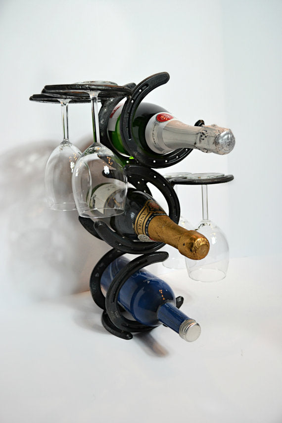 Horseshoe Three Bottle store Wine Holder with Glasses